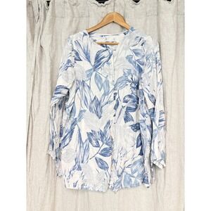 J Jill Blue White Botanical Floral Linen Button Front Tunic Top Shirt L